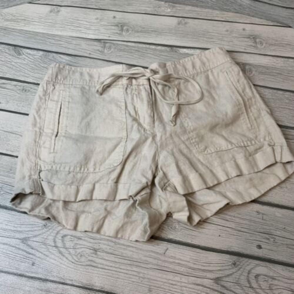 Ann Taylor Loft Womens Shorts Pull On Linen Small Tan Drawstring Mid Rise Pocket